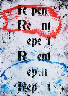 Zavier Ellis 'Repent (Repeat) II (Tricolour)', 2021 Acrylic, emulsion, spray paint on photographic gloss print 42x29.7cm
