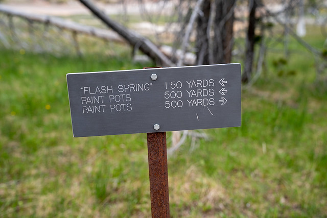 Hiking trailhead information for the various thermal features (Flash Spring, and Paint Pots) at the Artists Paint Pots in Yellowstone National Park