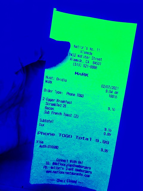 COVID - $9.99 Breakfast Receipt (under a UV Light)