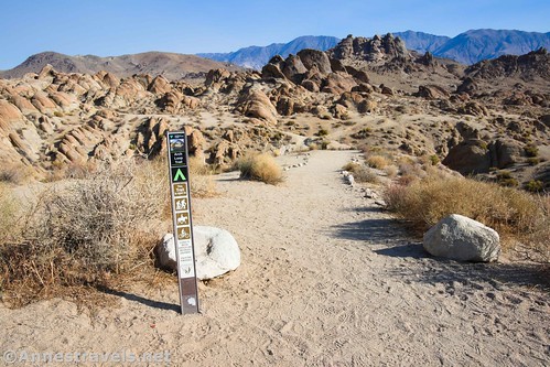 The eastern trailhead for the Mobius Arch Loop.  Signs like this one mark the route in some places.  Alabama Hills National Scenic Area, California