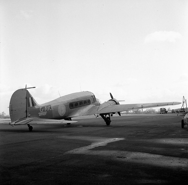 G-AVCK Former RAF TX157 Avro 19 Anson 2 operated by Tippers Air Transport - parked outside Hangar 2 at Elmdon Airport Birmingham. Scanned from a negative originally in the Will Blunt collection and now in the Jute collection.