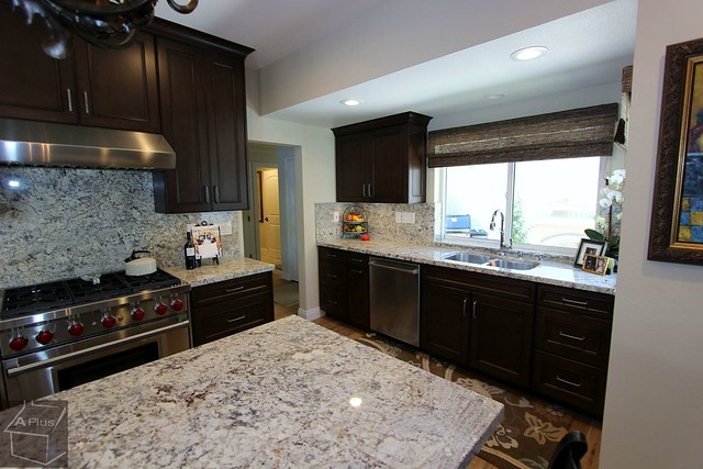 kitchen Remodel with dark brown custom cabinets wood floors gray granite countertops stainless steel appliances in Mission Viejo, Orange County http://www.aplushomeimprovements.com/portfolio_page/orange-county-mission-viejo-kitchen-home-remodel-project50/