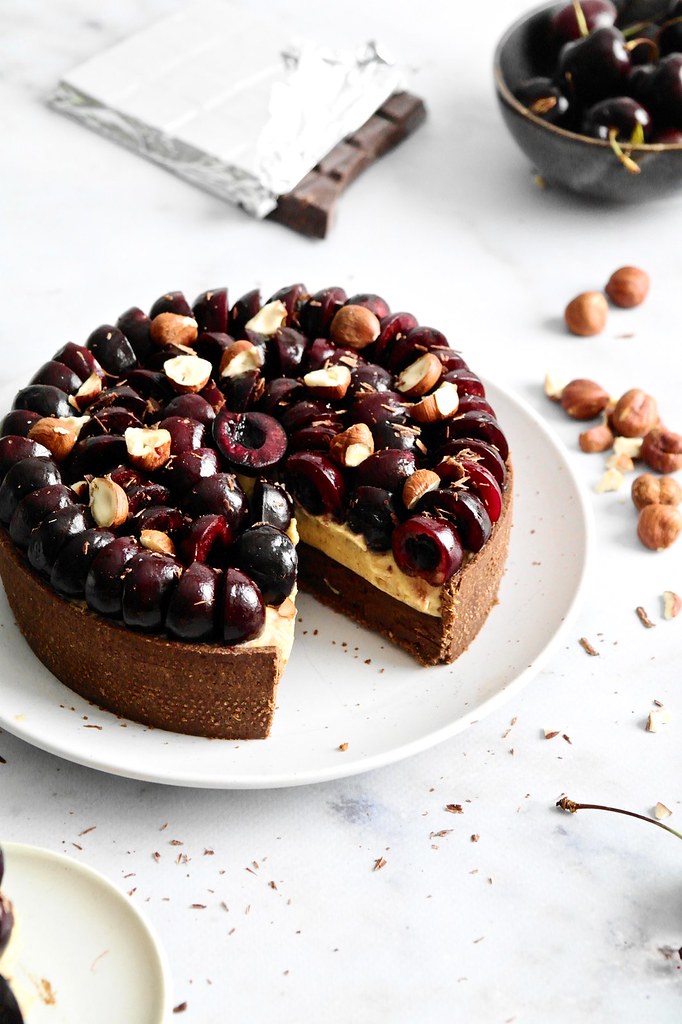cherry, chocolate and hazelnut tart