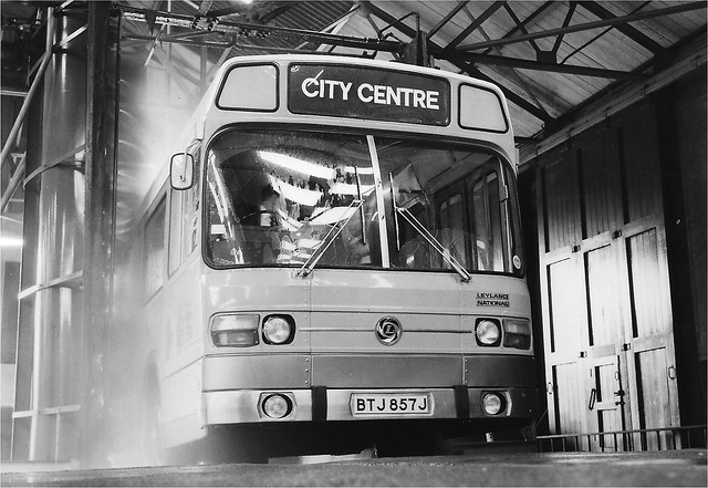 Prototype Leyland National B705 BTJ 857J goes through a bus wash