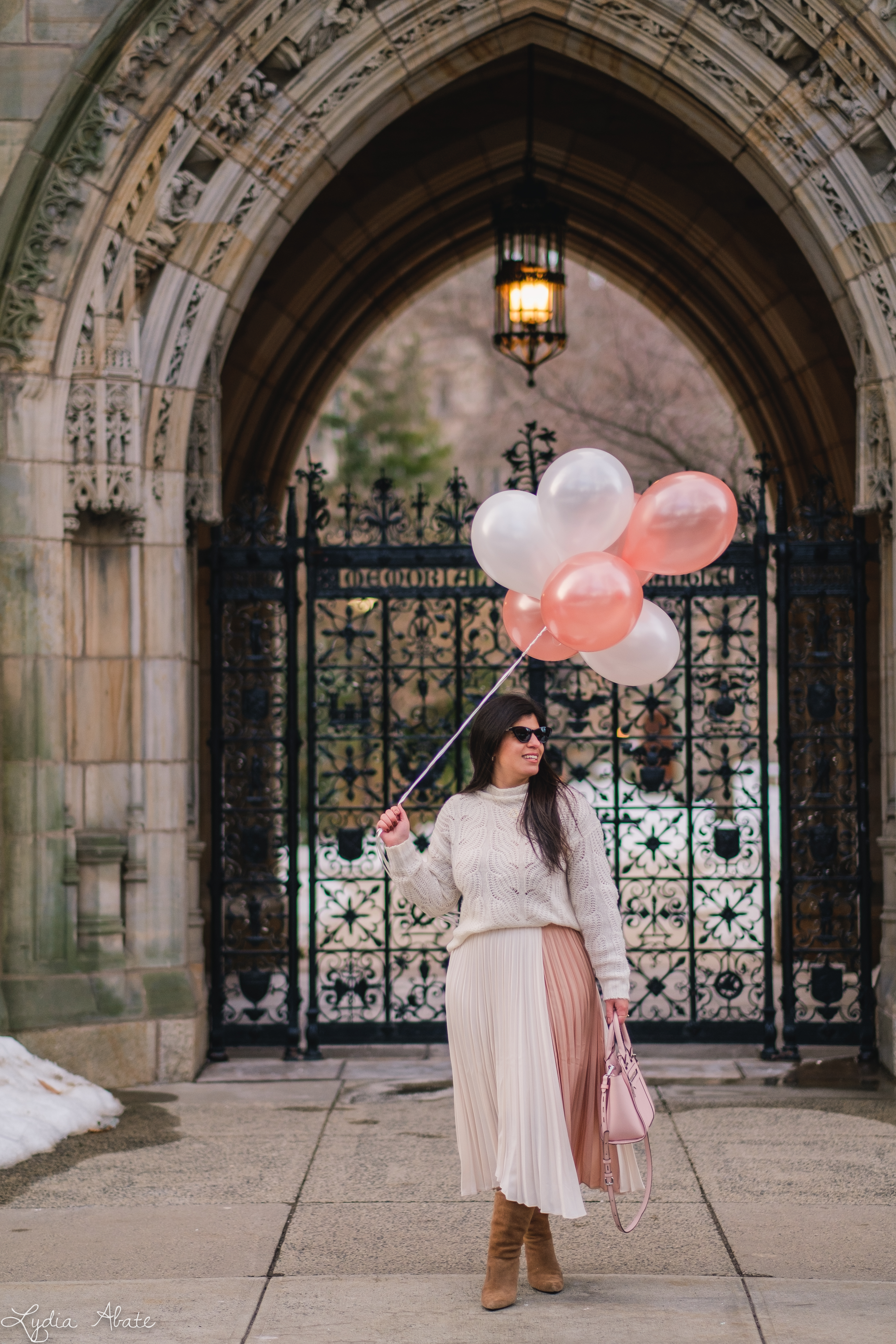 cream pointelle sweater, pleated skirt, suede boots, pink bag, balloons-24.jpg