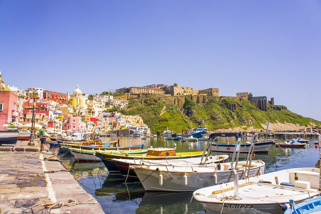 The small fishing port of Procida with the famous Palazzo d 'Avalos castle in the background.