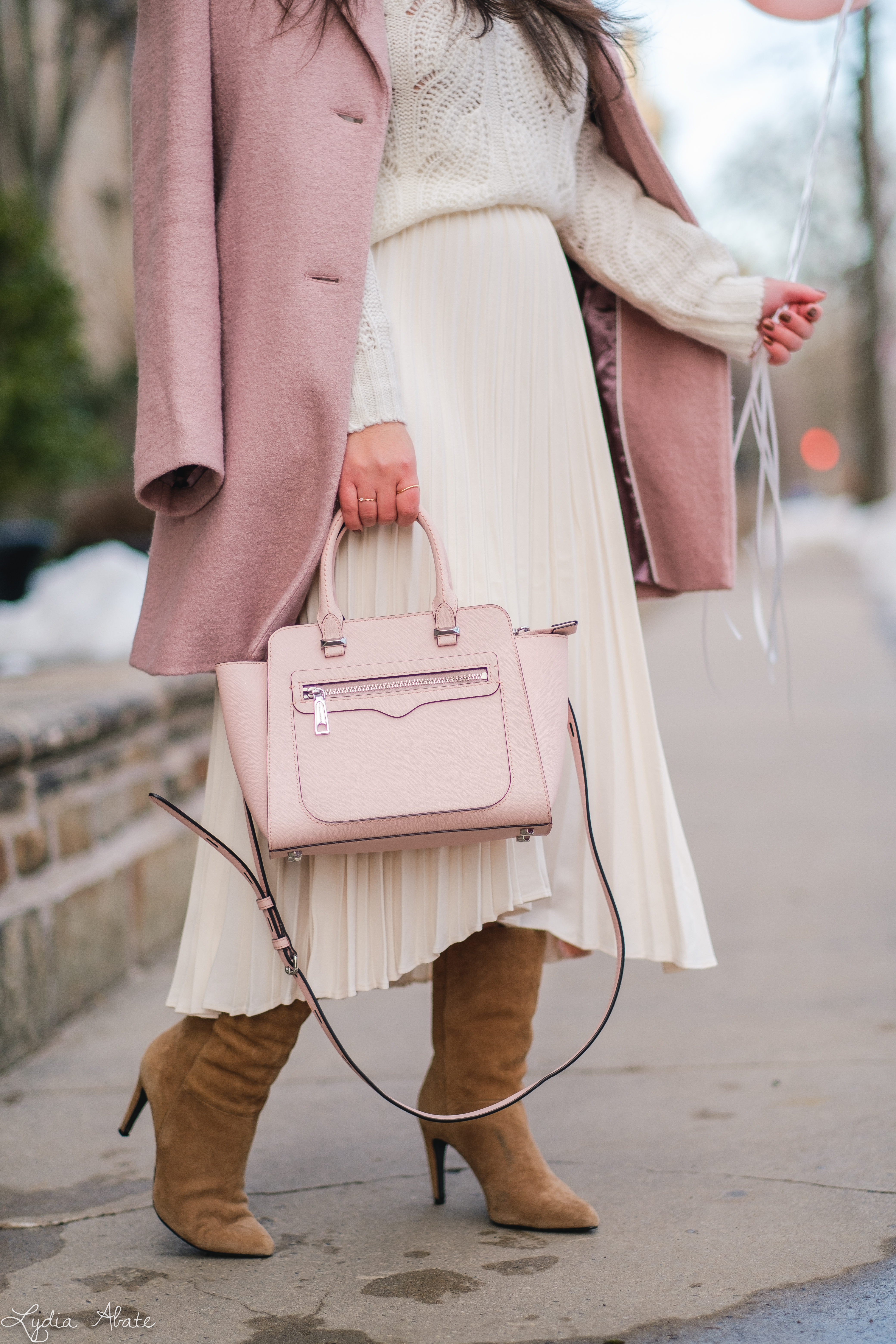 cream pointelle sweater, pleated skirt, suede boots, pink bag, balloons-7.jpg