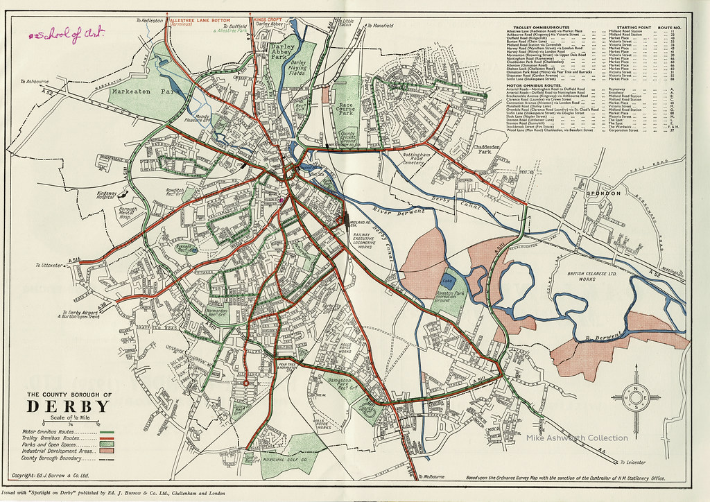 Map of the County Borough of Derby showing motor & trolleybus routes, 1947/8
