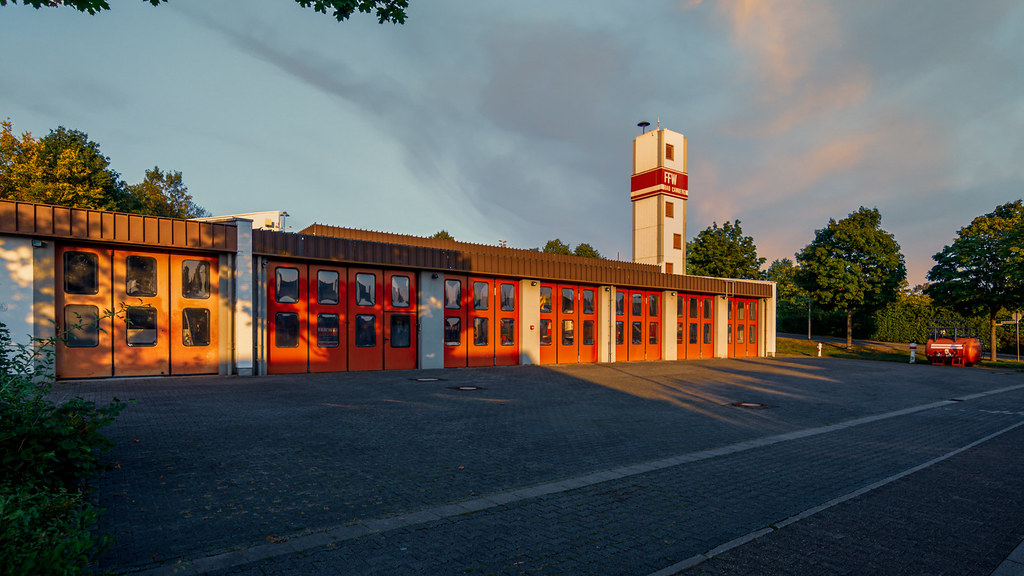 Sunset at the apparatus house of the volunteer fire department Bad Camberg