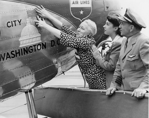 Allen_0091 Mrs. Jimmy Doolittle Stewardess Loretta Nazar and Cpt. E.jpg. Hamilton Lee Christening a United Air Mainliner