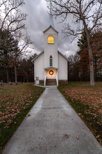 New Hope Church by Daniel000000, church old new hope white path trail wisconsin midwest winter christmas wreath lights lit up nature 