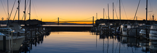 dennis stanworth pier 39 marina san francisco bay bridge silhouette reflection water boats sky sunrise northbeach nikkor double exposed panorama