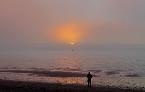 Sunset Fog by HereInVancouver, Social distancing on the beachwoman solitary alone sunset fog beach water ocean pacific englishbay c