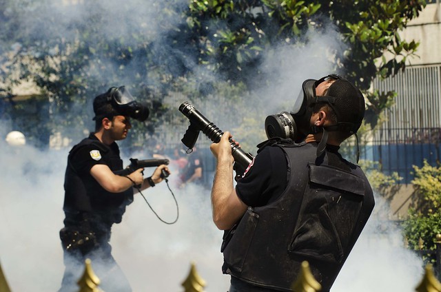 Turkish riot police fire tear gas at Gezi Park protestors, Istanbul, turkey