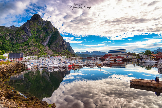 View of Svolvaer harbor in the morning