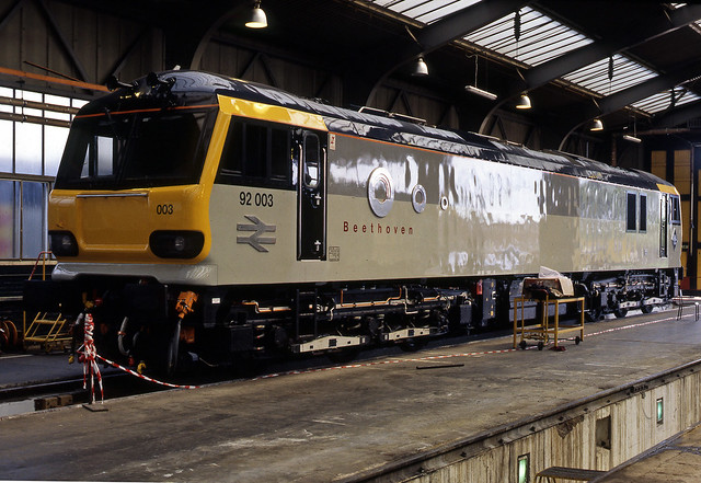 Brand new Class 92 92003 Beethoven  sits inside Crewe Electric Depot  30/04/1994.