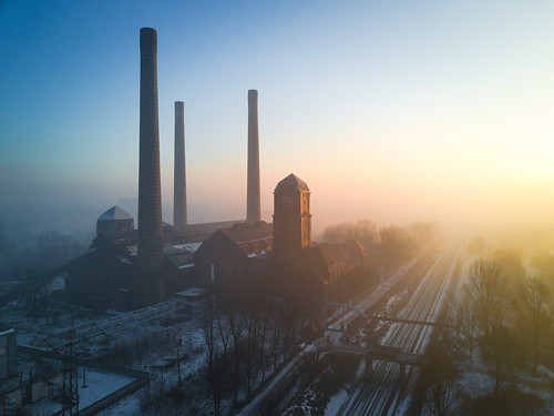 industry industrial sunrise drone chimney powerplant powerstation vintage old decaying