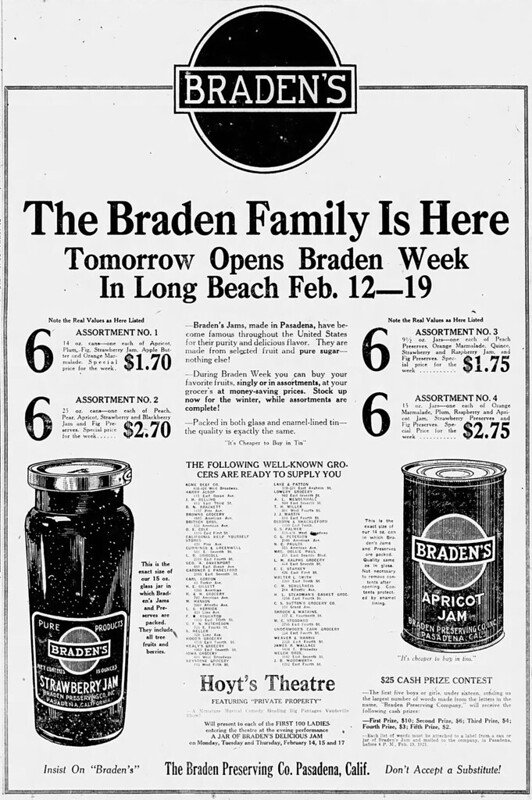 long beach telegram 1921-02-11 bradens week in long beach ad 1000px