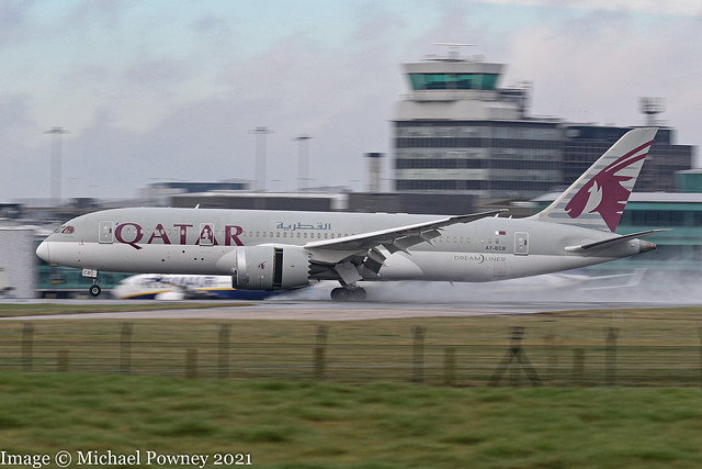 A7-BCB - 2012 build Boeing B787-8, arriving on a damp Runway 23R at Manchester