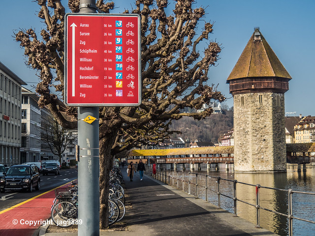 Biking/Mountainbiking and Skating Trails Signpost, Chapel Bridge, Lucerne, Canton Lucerne, Switzerland