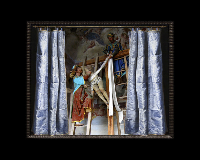 Deposition of Christ, Varallo, 2006, detail, with Frans van Mieris's Blue Curtain, 2021