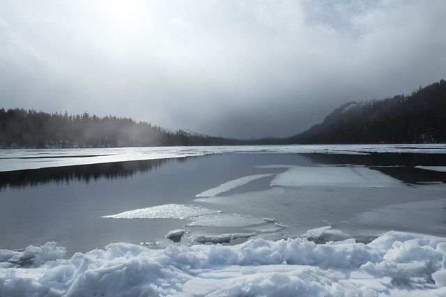 Snow and ice along the banks of Suttle Lake, Oregon