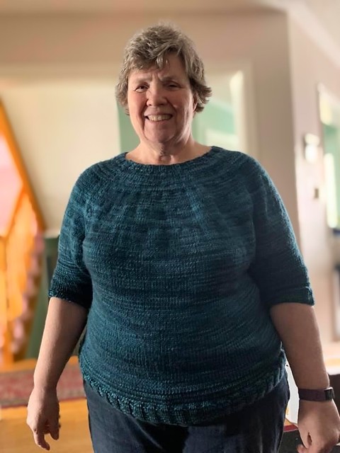 Nancy also finished Anenome by Louise Robert of Biscotte Yarns. She omitted the stitch pattern, knitting it in stockinette only.