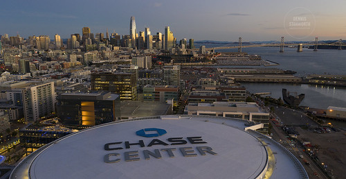 dennis stanworth chase center mission bay ucsf san francisco california china basin dogpatch drone daybreak sunrise sf skyline south beach harbor giants ballpark baybridge buildings aerial city metropolitan landmark arena composition sign modern roof waterfront electric neon c45 company
