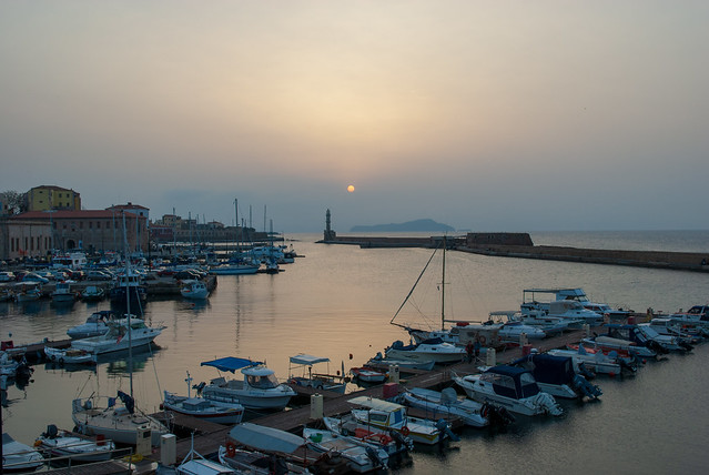 Sunset over the Venetian harbour of Chania