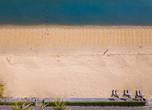 from above drone image aerial photography dji quadcopter blue sea golden sand water beach seafront promenade beds parasols landscape beachscape person shadow light shade bophut samui thailand abstract art minimalism lines blocks nofocus tryptich horiontalism