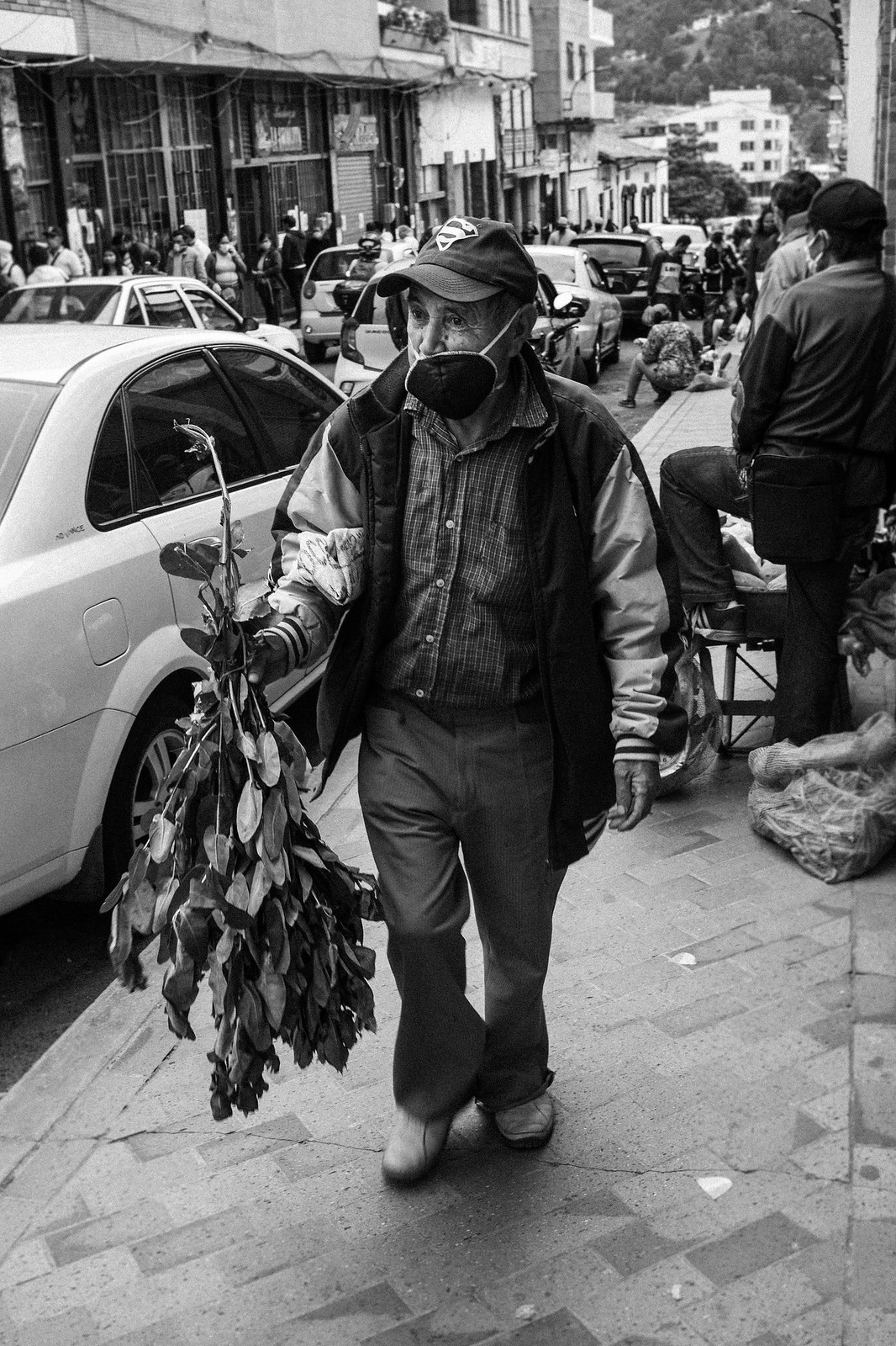 Señor con ramas en la calle del mercado