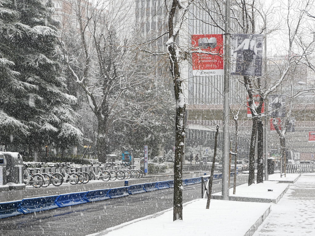 La Castellana nevando. Snow in Madrid.
