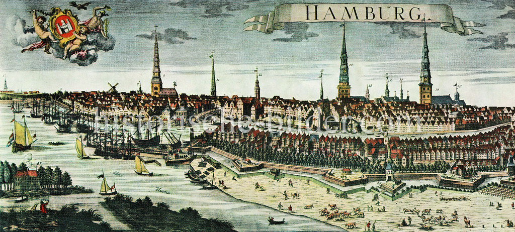 X0001 Historische Ansicht Hamburgs 1730 - Panorama der Stadtbefestigung und der Hafenanlagen; Bebauung auf dem Kehrwieder.