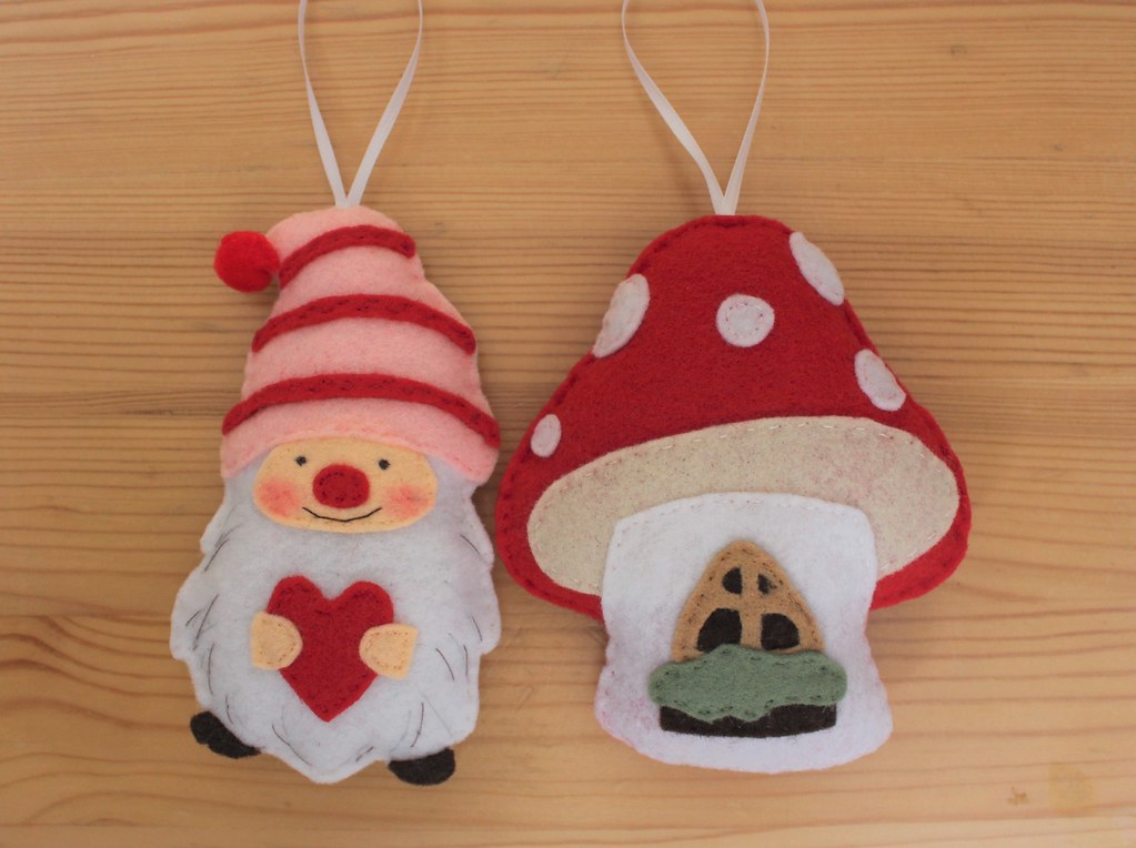 Handmade Happy Gnome and His Mushroom Home Ornament Pair