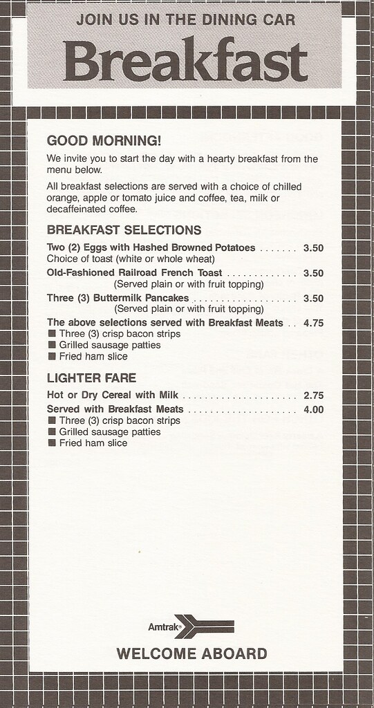 Amtrak Dining Car Menu (Breakfast) - 1987