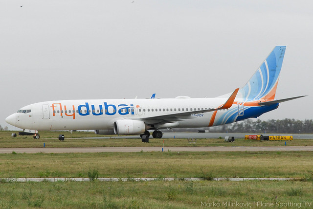flydubai Boeing 737 taxiing at Belgrade after arriving from DXB