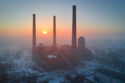 industry industrial sunrise drone chimney powerplant powerstation vintage old decaying