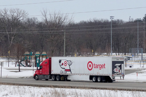 Winter parking lot view, Tiffin 2-26-21 05, iowa tiffin alongtheroad farewaygroceryparkinglot winter snow 18wheeler passingby targetstoretruck 2021 sonyrx100v