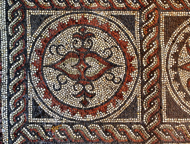 Roman hypocaust floral floor mosaic, c200 CE - Verulamium Park, St Albans, England..