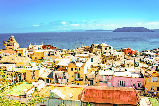 The view of the roofs of Ischia, in the background the Gulf of Naples