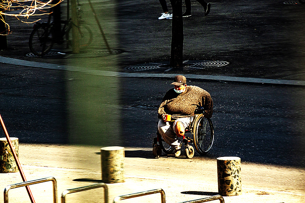 One legged beggar on wheelchair on 3-7-21--Tirana