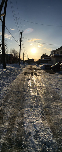 8march2021 edited kitahiroshima hokkaido japan neighborhood ice snow weather roads streets lines wires poles houses sunrise clouds reflection panorama