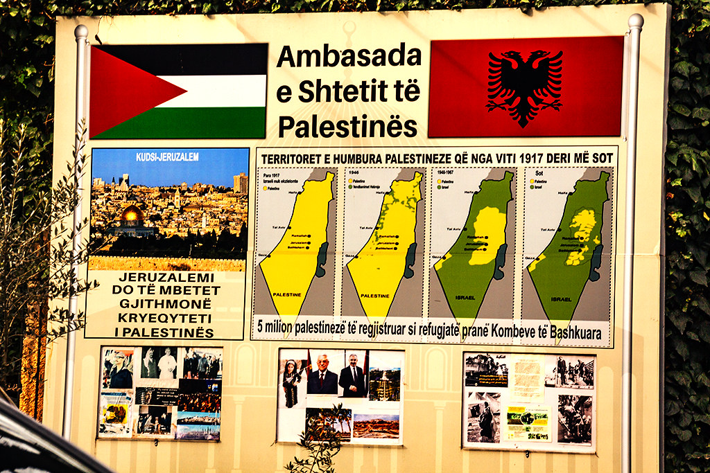 Sign outside Palestinian Embassy on 3-9-21--Tirana