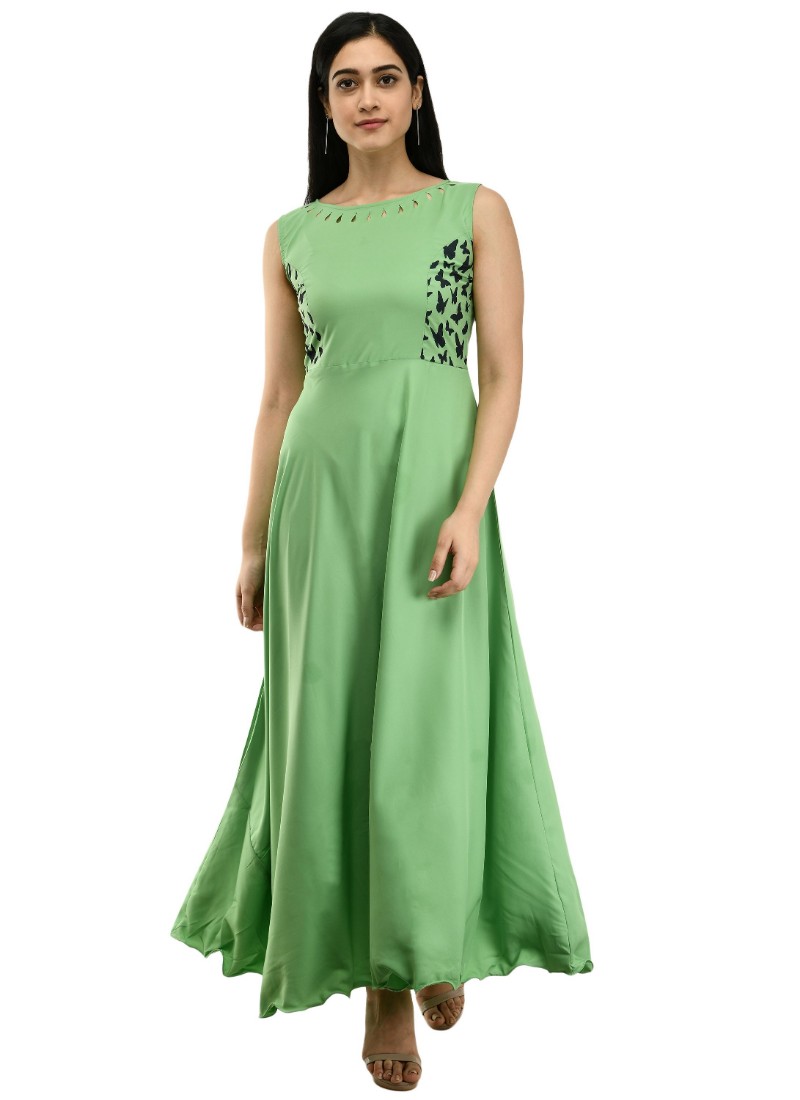 Generic Women's Crepe Solid Sleeveless Full Length Gown(Green) Generic Women's Crepe Solid Sleeveless Full Length Gown(Green)