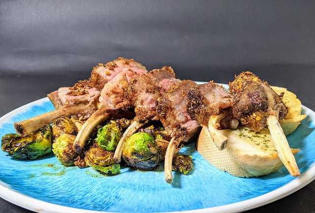 Lamb Rack with Hararhi Fry Gosht Crumb, Toasted Sprouts and Swede Mash