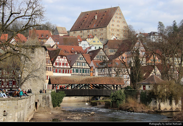 Old Town seen from across the river Kocher, Schwäbisch Hall, Germany