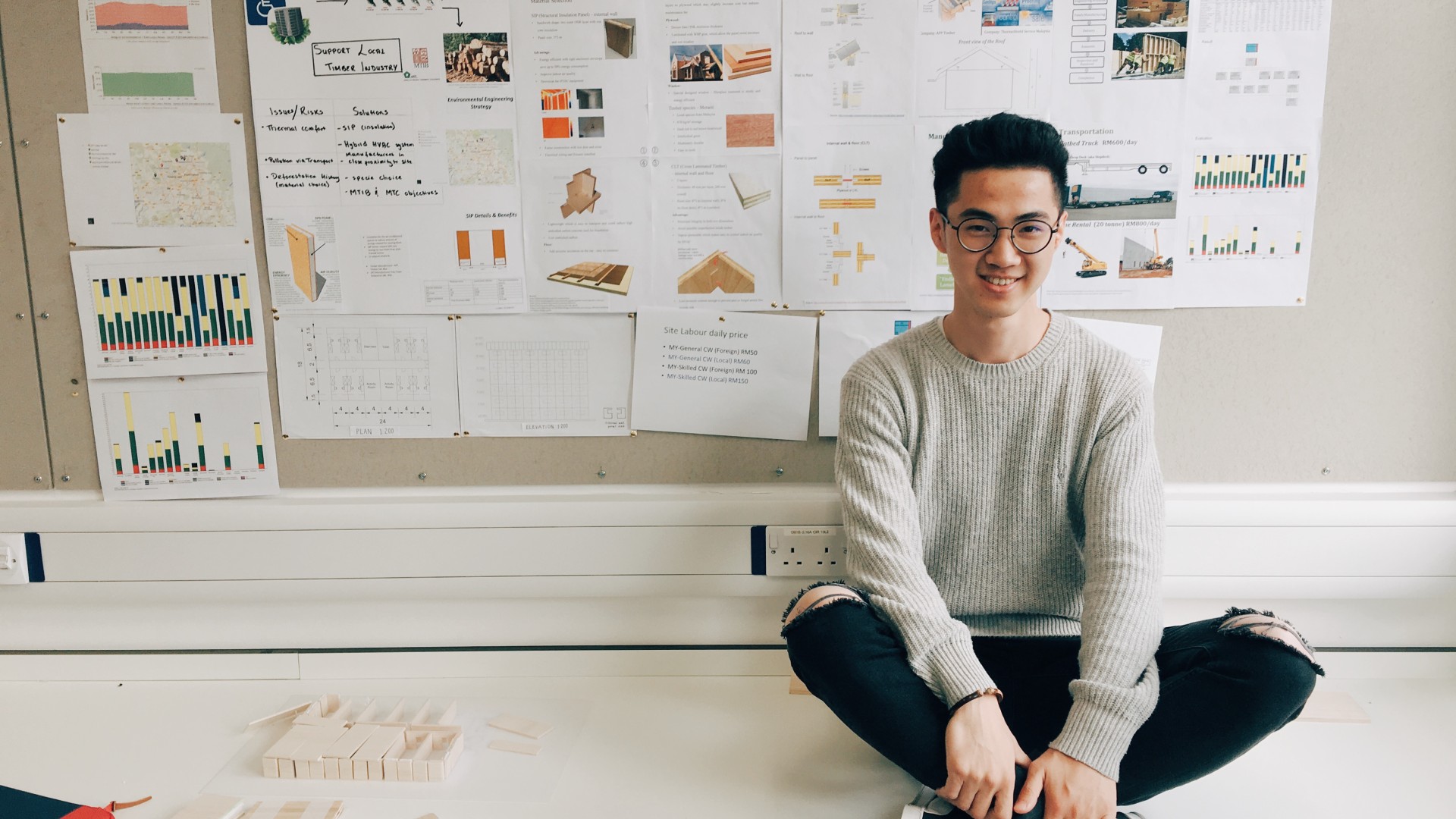 Jianan sits in front of posters of his work in our design studio.