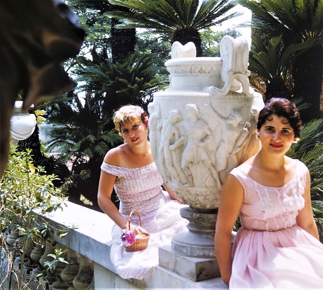 My Mom and her sister at Huntington Gardens wearing pink dresses. A crop from a Kodachrome slide which my Dad took with his Kodak Retina 35mm camera. Los Angeles California. Easter Sunday. 1955.