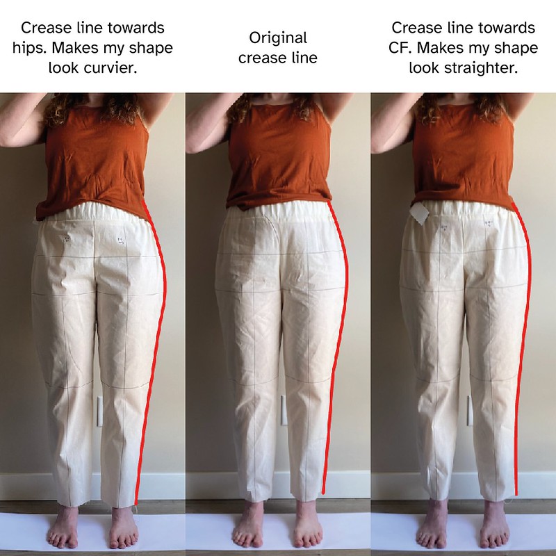 Image of three different hip crease line placements on the front of the pant. Overlaid is a red outline of the pant demonstrating how altering crease line changes the silhouette of the pant
