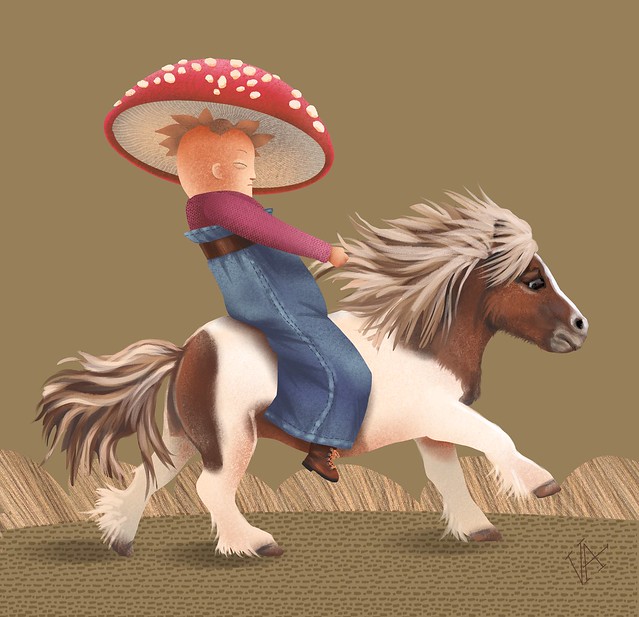 Drawing prompts: mushroom-like, wearing big pants, riding a horse